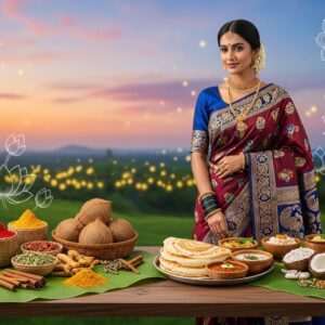 In a lush, vibrant setting that captures the essence of Tuluva culture, a graceful Indian woman is depicted in an exquisite, traditional saree of rich maroon and peacock blue, adorned with intricate gold patterns and jewelry. Her attire reflects the detailed craftsmanship of Tuluva artisans. She stands beside a beautifully arranged display of traditional Tuluva foods, featuring baskets of colorful spices, fresh coconut, banana leaves, and a steaming platter of neer dosa and gassi. The background is a harmonious blend of deep green foliage and soft, pastel-colored skies, with subtle glowing lights adding an ethereal quality. Large, stylized cultural motifs and lotus flowers frame the scene, emphasizing a connection to heritage. The overall ambiance is serene yet vibrant, inviting viewers into a world where tradition meets modern aesthetics.