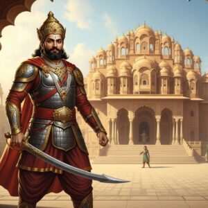 A majestic, ethereal scene depicting the legendary Indian warrior Bappa Rawal. He stands with regal poise, wearing traditional armor that glimmers in hues of gold and maroon. His eyes reflect wisdom and valor as he holds a sword in one hand, its blade shining with historical significance. The background features an intricately designed palace reminiscent of ancient Rajput architecture, adorned with lotus motifs and mandalas. Soft, glowing lights bathe the scene in a serene, otherworldly glow, blending pastel colors like warm gold and soft blue. A faint silhouette of a peacock graces the horizon, symbolizing royalty and heritage. The overall composition is hyperrealistic, merging historical richness with modern digital artistry, inviting the viewer into the captivating legacy of Bappa Rawal.
