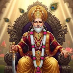 A regal depiction of Bappa Rawal, the legendary Indian king, seated majestically on a throne adorned with intricate carvings and gold embellishments. He is portrayed with a noble expression, wearing traditional royal attire with a richly embroidered maroon and gold robe. A crown studded with precious gems rests upon his head, and he holds a sword in one hand, signifying strength and valor. The background features an ethereal glow, with subtle motifs of lotus flowers and peacock feathers, symbolizing his cultural heritage. Soft beams of golden light illuminate the scene, adding a surreal, timeless quality to the artwork. The overall composition is serene yet powerful, capturing the essence of Bappa Rawal's inspiring life and legacy, while maintaining a modern digital aesthetic.