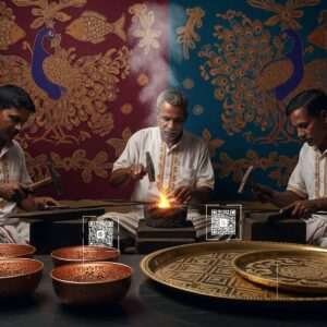 A beautifully detailed scene of skilled Indian artisans, Thatheras, working meticulously on copper and brass utensils, their hands skillfully shaping the glowing metal in a dimly lit workshop. The backdrop features rich, deep colors of maroon and peacock blue with intricate traditional patterns reminiscent of Madhubani art. The artisans, dressed in traditional Indian attire with gold accents, exude a sense of pride and dedication. The foreground displays exquisitely crafted utensils with intricate designs that reflect soft, warm lights. A digital overlay subtly merges modern aesthetics with the traditional craft, highlighting the evolution from art to heritage. The entire scene is serene, hyperrealistic, and ethereal, capturing the essence of heritage and innovation.