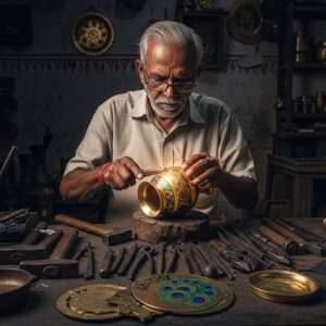 A serene, photo-realistic scene of an Indian Thathera artisan meticulously crafting a traditional metal vessel in a dimly lit workshop. The artisan, an elderly Indian man with wise, focused eyes, is surrounded by glowing, ethereal light that highlights his intricate handwork. The vessel gleams with deep gold and peacock blue hues, reflecting the workshop's ambient glow. Around him, the tools of his trade and raw metal pieces are arranged in an organized, artistic fashion. The background is adorned with traditional Indian patterns and motifs, softly merging with digital aesthetics to represent the fusion of heritage and modernity. The overall tone is one of reverence and preservation, celebrating the legacy and skill of the Thathera craft in a visually captivating manner.