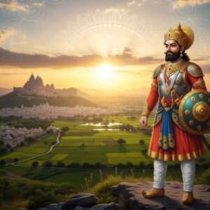 A majestic scene featuring Bappa Rawal, the legendary founder of Mewar, depicted as a noble Indian warrior-king. He is wearing intricately designed traditional armor with ornate patterns in gold and peacock blue, standing proudly atop a hill overlooking the vast, fertile lands of Mewar. In the background, the grand fortresses of Mewar are visible under a sky painted in shades of soft blue and warm gold, with rays of sunlight casting a divine glow upon the landscape. The scene is lush with cultural motifs such as lotus flowers and a subtle mandala pattern in the sky. The image captures a sense of grandeur, legacy, and spiritual connection to the land, with an ethereal quality that merges traditional Indian art with modern digital aesthetics. The atmosphere is serene and inspiring, emphasizing Bappa Rawal’s impact and legendary status.