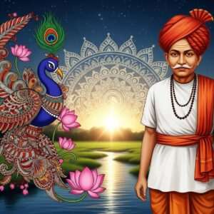 An intricately detailed scene depicting Mahatma Jyotirao Phule, an esteemed Indian social reformer, standing with dignity and wisdom. He is dressed in traditional Indian attire, with a red turban, white kurta, and dhoti. Behind him is a vibrant, digital fusion of Madhubani and Pattachitra art forms, showcasing swirling patterns of peacock feathers and lotus flowers. The background features a glowing mandala that emits serene, pastel hues of blue and gold, symbolizing enlightenment and progress. In the foreground, a gentle stream reflects the soft glow of the mandala, adding to the tranquil atmosphere. Phule's expression is serene yet determined, embodying his visionary spirit. The scene captures a balance between cultural heritage and modern digital aesthetics, inviting the viewer into his impactful legacy.