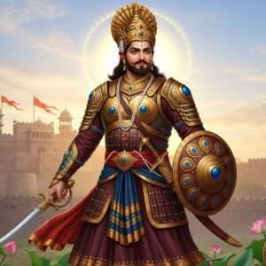 A hyperrealistic depiction of Bappa Rawal, the legendary 8th-century Rajput king, standing nobly against the backdrop of a grand ancient Indian fortress. He is adorned in regal armor with intricate patterns, reflecting the grandeur of his era. His armor features gold and maroon hues, with peacock blue accents. Bappa Rawal is holding a sword with a detailed hilt, and his expression exudes valor and wisdom. The sky is painted in soft pastel colors, with a warm golden glow that illuminates his figure, symbolizing his enduring legacy. In the foreground, elements like lotus flowers and cultural motifs subtly blend into the scene, enhancing the spiritual and historical essence. The atmosphere is serene yet majestic, capturing the essence of Bappa Rawal's life journey.