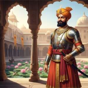 An imposing portrait of Bappa Rawal, the legendary ruler of Mewar, standing with regal poise against the backdrop of a grand Rajasthani palace. He is adorned in intricate traditional Rajput armor, detailed with gold embellishments and a saffron turban, symbolizing courage and leadership. The scene is set in a lush palace courtyard, with intricately carved stone pillars and arches, surrounded by blooming lotus flowers. In the background, banners flutter in the wind, bearing the emblem of the Sun, symbolizing his royal lineage. The lighting casts a warm golden glow, creating a serene yet majestic atmosphere. The art style merges traditional Rajasthani art forms with modern digital aesthetics, focusing on hyper-realism with ethereal elements to capture both his historical significance and enduring legacy.