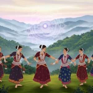 A serene, ethereal scene depicting the vibrant culture of Meghalaya's Khasi Hills. A group of Khasi women in traditional attire with intricate patterns and rich colors like maroon and peacock blue, gracefully perform a traditional dance against a lush, verdant backdrop of the Khasi hills. The women wear ornate silver jewelry and their hair is styled traditionally. In the background, a glowing, pastel-hued mandala subtly emerges from the mist, symbolizing spirituality and unity. The scene is illuminated with soft, warm light, casting a tranquil glow over the landscape. The art style should blend modern digital aesthetics with traditional Indian art forms, creating a harmonious balance between heritage and innovation. The overall atmosphere is peaceful and captivating, inviting viewers to delve deeper into the enduring traditions of the Khasi people.