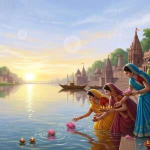 A serene, ethereal depiction of the Ganges River at dawn, with a soft pastel color palette of pale blues, pinks, and warm golds. The river is flanked by lush green banks and traditional Indian temples with intricate carvings. In the foreground, a group of Indian women in vibrant, flowing sarees (saffron, maroon, peacock blue) are performing a ritual, gently releasing lotus flowers and small oil lamps into the water. The scene is illuminated by the warm glow of the rising sun, creating reflections on the calm water surface. Intricate patterns of mandalas and cultural motifs subtly blend into the sky, emphasizing spirituality and cultural richness. The overall atmosphere is tranquil, emphasizing the harmony between nature and culture, suitable for a blog about the Ganges' significance.