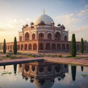 A breathtaking scene of Sher Shah Suri's Tomb, depicted with a fusion of traditional Indian art and modern digital aesthetics. The tomb, an architectural marvel, is portrayed in intricate detail with its iconic dome and rich carvings, surrounded by lush gardens bathed in the soft glow of dawn. The sky is a pastel blend of soft blue and warm gold, casting a serene light on the structure. In the foreground, a tranquil water surface reflects the tomb, enhancing its majestic presence. The entire scene has a hyperrealistic and ethereal quality, with subtle cultural motifs like mandalas and lotus patterns woven into the landscape, emphasizing the heritage and grandeur of this historical monument. The setting conveys a sense of timelessness and invites viewers to delve deeper into its history.