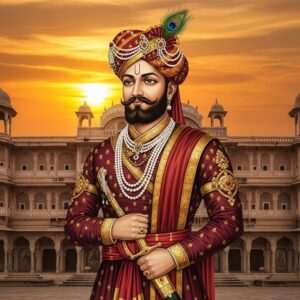 A majestic, ethereal depiction of Bappa Rawal, the legendary Mewar ruler, standing proudly against a grand backdrop of a traditional Indian palace. The scene is set during a golden sunset, casting a warm, serene glow over the landscape. Bappa Rawal is portrayed in regal attire, wearing a richly embroidered turban adorned with a peacock feather, and holding a symbolic sword that glimmers with historic significance. Intricate patterns and cultural motifs of Rajasthan are subtly woven into his attire and surroundings, reflecting his royal lineage. The art style merges traditional Indian aesthetics with modern digital innovation, featuring deep maroon, saffron, and gold hues. The atmosphere is one of nobility and mystery, inviting the viewer to delve deeper into the fascinating history behind the title.