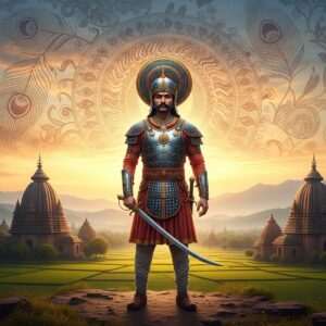 A majestic Indian warrior of the Ahom dynasty, clad in traditional Assamese armor, stands proudly against the backdrop of the rolling hills of Assam. The scene is bathed in the warm glow of a golden sunrise, with intricate patterns of peacock feathers and traditional Assamese motifs adorning the sky. The warrior is holding a beautifully crafted sword, its blade glinting in the sunlight. Surrounding him are lush green fields and historical architectural elements like the grand Ahom palaces and temples, intricately designed with motifs reminiscent of Madhubani art. The entire image is a blend of hyperrealism and ethereal beauty, capturing the legacy and strength of the Ahom builders, with an air of tranquility and reverence for their historical contributions.