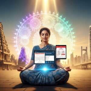 A serene, ethereal scene of a modern Indian woman, wearing a contemporary saree with subtle digital patterns, seated in a tranquil meditation pose. She is surrounded by an aura of glowing pastel lights and softly swirling mandalas. In front of her, a digital tablet or smartphone floats gently, displaying a traditional Hindu calendar and a virtual pandit booking app interface. The background is a blend of ancient temple architecture seamlessly merging into a modern digital cityscape, symbolizing the fusion of tradition and technology. The atmosphere is one of calmness and spiritual connection, enhanced by gentle beams of warm golden light illuminating the scene. The art style is hyperrealistic with elements of surrealism, highlighting both the serenity and the modernity of the devotional experience.