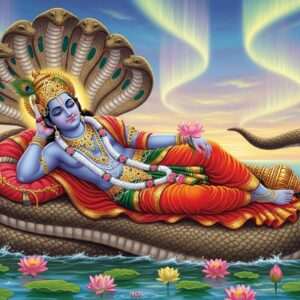 A serene and ethereal scene depicting Anantashayana Vishnu, reclining on the cosmic serpent Ananta amidst a tranquil ocean. Vishnu is portrayed with a calm and benevolent expression, adorned in rich, deep colors like gold and peacock blue. He has four arms, holding a conch shell in one hand and a lotus in another. The ocean surface is calm, reflecting a soft glow of pastel hues, with intricate patterns of lotus flowers and mandalas surrounding him. The background features a surreal blend of soft glowing lights and a warm golden aura, enhancing the spiritual and mythological essence. The art style is hyperrealistic yet mystical, capturing the tranquility and depth of the ancient legend with a modern digital aesthetic.