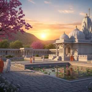 A serene, ethereal depiction of a Jain temple nestled in the lush, verdant hills of Pali, bathed in the soft, warm glow of the setting sun. The temple's intricate carvings and detailed architecture are highlighted, with white marble domes and spires reaching towards the sky. Around the temple, peaceful monks clad in simple white robes are meditating or walking along the cobblestone paths surrounded by flowering trees and lotus-filled ponds. The scene exudes tranquility and spirituality, with gentle pastel hues of pale pink, warm gold, and soft blue creating an atmosphere of peace and reflection. The art style is hyperrealistic yet dreamlike, blending traditional Indian aesthetics with modern digital art elements to attract viewers to explore the spiritual journey within the blog.