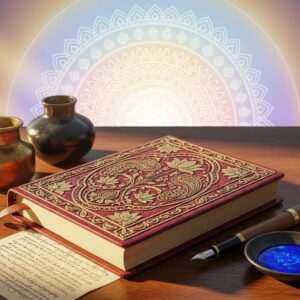 A serene, ethereal scene featuring an open, ancient diary with intricate, traditional Indian motifs embossed on its cover, resting on a wooden table. Surrounding the diary are delicate ink pots and a classic fountain pen with peacock blue ink. In the background, a soft pastel-colored glow forms a subtle mandala pattern, symbolizing the spiritual depth of Mahadev Desai's writings. The atmosphere is tranquil and contemplative, with gentle rays of warm golden light illuminating the diary pages, inviting the viewer to delve into the wisdom within. The style should be hyperrealistic with a touch of surrealism, blending traditional Indian art forms with modern digital aesthetics.