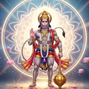 A serene and ethereal scene depicting Lord Hanuman, the mighty Hindu deity, in a hyperrealistic and spiritual style. He stands majestically with a tranquil expression, displaying his powerful yet peaceful aura. Hanuman is depicted with his traditional features: a strong, athletic build, a long tail, and wearing a golden crown and jewelry. His right hand is raised in a blessing gesture, while his left holds a golden mace. The background features a glowing, intricate mandala with soft pastel hues of blue, pink, and warm gold, symbolizing divine energy and tranquility. The scene is surrounded by floating lotus flowers and gentle rays of light, creating a sense of peace and spiritual strength. The lighting is soft and radiant, enhancing the ethereal atmosphere, while emphasizing Hanuman's divine presence. The overall composition conveys the calming power of daily chanting, inviting the viewer to explore the spiritual benefits of the Hanuman Chalisa.
