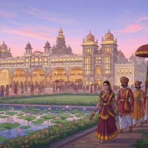 A regal scene showcasing the opulence of the Princely State of Mysore, with a majestic, intricately detailed palace set against a twilight sky. The palace is adorned with ornate carvings and golden domes that glisten under soft, glowing lights. In the foreground, a royal procession of elegantly dressed Indian figures in traditional Mysore attire, featuring rich maroon and gold hues, is captured mid-celebration. They are surrounded by lush greenery and blooming lotuses, symbolizing prosperity. The scene exudes a sense of history, grandeur, and cultural richness, with an ethereal and serene atmosphere highlighted by the soft, pastel color palette.