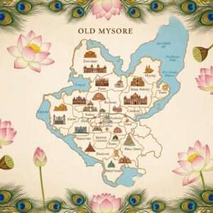 A vibrant and ethereal depiction of Old Mysore's rich heritage, showcasing an intricately detailed map of the region with its historical districts highlighted. The map is adorned with traditional Indian motifs and patterns, including stylized peacock feathers, lotus flowers, and mandalas, blending seamlessly with modern digital aesthetics. Surrounding the map, serene landscapes of Mysore unfold, featuring iconic elements like the Mysore Palace with its golden domes and lush gardens, all bathed in a warm, soft glow. The scene is alive with deep colors like maroon, saffron, and peacock blue, evoking a sense of history, culture, and harmony. This composition balances traditional Indian art forms with contemporary design, inviting viewers into a captivating exploration of Mysore's legacy.
