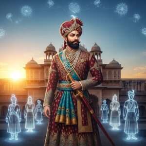 A regal scene featuring Bappa Rawal, a legendary Indian ruler, depicted in traditional royal attire with intricate patterns and rich colors like maroon and peacock blue. He stands majestically against a grand backdrop of an ancient Rajasthani palace, intricately detailed with traditional architectural elements. Around him, ethereal representations of his descendants are shown as glowing silhouettes, subtly blending into the scene, symbolizing the continuity of his lineage. Golden and saffron hues cast a warm glow, while delicate lotus and mandala motifs subtly adorn the sky. The overall atmosphere is serene and spiritual, with a touch of digital modernity that highlights the legacy and nobility of Bappa Rawal's family tree. The image should be hyperrealistic and surreal, embodying a timeless connection between heritage and innovation.