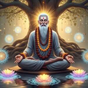 A serene, ethereal image depicting a mystical Indian sage meditating beneath a sacred Bodhi tree. The sage is adorned with Rudraksha beads of various types, each bead intricately detailed, glowing softly in hues of deep maroon and saffron. Surrounding the sage are ethereal, glowing mandalas and lotus flowers floating gently on a calm water surface, reflecting soft pastel colors of pale blue and warm gold. The background features a soft, surreal glow highlighting the spiritual atmosphere. The overall tone is tranquil, conveying a sense of mindfulness and spiritual depth, merging traditional elements with modern digital aesthetics.