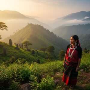 A breathtaking panoramic view of the Garo, Khasi, and Jaintia Hills, enveloped in a serene mist. In the foreground, an Indian woman dressed in traditional Khasi attire, adorned with intricate jewelry, stands gracefully amidst lush greenery. Her expression is one of reverence and connection to the land. The hills in the background are dotted with ancient stone monoliths, partially veiled by ethereal clouds. Soft golden sunlight filters through the dense canopy of sacred groves, casting a warm glow over the landscape. The scene is imbued with a mystical aura, capturing the essence of indigenous lore and traditions. The art style should be hyperrealistic with elements of surrealism, blending traditional Indian artistry with modern digital aesthetics, emphasizing tranquility and spiritual connection to nature.