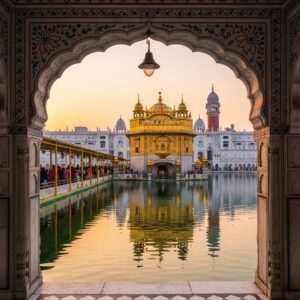 A serene, ethereal scene depicting the iconic Heritage Street leading to the majestic Golden Temple. The street is alive with vibrant colors, bustling with traditionally dressed Indian people in hues of maroon, saffron, and peacock blue, embodying a mix of modern and traditional aesthetics. Intricate patterns and cultural motifs like lotus flowers and mandalas are subtly integrated into the street's architecture. The Golden Temple glows in the background with its golden hue shimmering under the soft, pastel-colored sky. The reflection of the temple and glowing lights dances on a calm water surface, enhancing the spiritual and tranquil atmosphere. The overall image is hyperrealistic, capturing both the rich heritage and contemporary vibrancy of this sacred path.