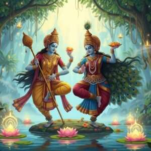 In the heart of a lush, tropical forest, two ethereal figures representing Daiva and Kola stand amidst swirling mist and soft, glowing lights. The Daiva, depicted as a serene Indian spirit adorned in traditional attire with intricate patterns reminiscent of Madhubani and Pattachitra art, holds a ceremonial staff with delicate gold and saffron accents. The Kola, a dynamic figure in motion, is captured mid-dance, wearing vibrant maroon and peacock blue attire with elaborate jewelry reflecting the deep cultural motifs. Surrounding them are glowing mandalas and lotus flowers floating on calm water surfaces, creating an atmosphere of spirituality and mystique. The scene is illuminated by gentle pastel hues of soft blue and warm gold, blending the ancient with the modern in a hyperrealistic style that invites the viewer into the sacred traditions of Tulu Nadu.
