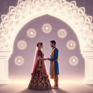 A serene, ethereal scene depicting a traditional Indian wedding setting with a modern twist. In the center, a beautifully dressed Indian couple stands beneath a grand, glowing mandala arch, symbolizing their sacred union. The bride wears an intricate maroon and gold lehenga, adorned with delicate lotus motifs, while the groom dons a peacock blue sherwani with saffron accents. Both are enveloped in a soft, warm glow, exuding a sense of harmony and spirituality. Surrounding them are stylized representations of the Guna Milan process, with eight glowing orbs representing the different gunas, subtly integrated into the background, swirling around the couple like celestial guides. The atmosphere is tranquil and otherworldly, with gentle pastel hues of pink and gold illuminating the scene, inviting viewers to explore the depth of their compatibility journey.
