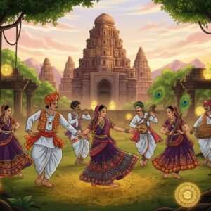 A serene, ethereal depiction of Chhattisgarh's cultural essence: A gathering of Indian men and women, adorned in traditional Chhattisgarhi attire with intricate embroidery and patterns, engaging in a vibrant folk dance amidst a lush, verdant landscape. In the background, the ancient ruins of Sirpur stand majestically under a twilight sky painted in hues of pale pink and warm gold. Ethereal glowing lights softly illuminate the scene, highlighting elements like traditional musical instruments and cultural motifs such as mandalas and peacock feathers. The characters embody tranquility and unity, reflecting the rich language history and identity of Chhattisgarh. The art style is a harmonious blend of traditional Indian art forms and modern digital aesthetics, capturing the viewer's attention with its depth and cultural richness.