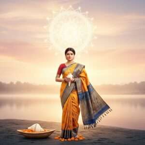 A serene and ethereal scene depicting an elegant Indian woman, sitting peacefully by a tranquil riverbank. She is dressed in a traditional Bengali saree with intricate patterns in saffron and peacock blue, adorned with delicate gold jewelry. In her hands, she holds a beautifully crafted conch shell, symbolizing the sounds of Bengali. The backdrop features an enchanting landscape with soft pastel colors, including pale pink and warm gold hues, and a glowing mandala in the sky. The atmosphere is calm and inviting, emphasizing harmony and mindfulness. The art style is hyperrealistic with surreal elements, blending traditional motifs with modern digital aesthetics, creating an inviting allure for the readers.