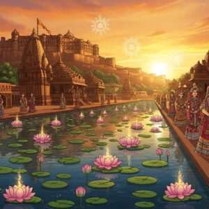 A majestic view of the Chittorgarh Fort at dusk, bathed in a warm, golden glow. In the foreground, intricately carved temple spires rise gracefully, adorned with golden and saffron hues. The scene is alive with ethereal elements: gentle, glowing mandalas floating in the air, casting serene reflections on calm water surfaces. Lotus flowers bloom in abundance, their petals shimmering in soft pinks and blues. Indian pilgrims in traditional attire can be seen walking towards the temples, adding a sense of reverence and spirituality to the scene. The art style is a fusion of Madhubani patterns and digital surrealism, with rich, deep colors and intricate details, creating a harmonious blend of heritage and modern aesthetics.