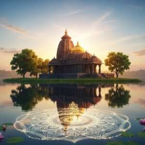 A serene, ethereal image of the Dhabaleswar Temple nestled on an island in the Mahanadi River, surrounded by tranquil waters reflecting the soft glow of a setting sun. The temple, adorned with traditional Odia architectural elements, is highlighted by intricate carvings and a golden dome. Lush greenery frames the scene, with delicate lotus flowers floating on the water surface. The sky is painted in warm hues of soft blue, pale pink, and warm gold, creating a peaceful atmosphere. In the foreground, a glowing mandala subtly emerges from the water, adding a touch of spirituality. This hyperrealistic digital artwork captures the temple’s divine significance and serene location, inviting readers to explore its spiritual heart.