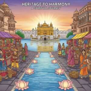 A serene, ethereal depiction of the spiritual path leading from a vibrant, bustling Heritage Street to the resplendent Golden Temple. The foreground features intricately detailed Indian architecture, vibrant street scenes with colorful market stalls, and people in traditional attire. The scene transitions into a tranquil, glowing pathway lined with lotus flowers and soft, pastel-hued lights guiding the way. In the background, the majestic Golden Temple emerges, bathed in a warm, golden glow, reflecting softly on the calm water surrounding it. The sky is painted with subtle hues of dawn, creating a sense of spiritual awakening and heritage. The art style is a fusion of Madhubani and modern digital aesthetics, rich with cultural motifs and patterns, capturing the essence of faith and tradition in a modern setting.
