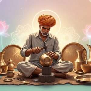 A serene, ethereal scene depicting a skilled Thathera artisan in traditional Indian attire, carefully crafting a brass vessel amidst a workshop filled with gleaming, intricately designed utensils. The background features a blend of soft pastel hues with glowing mandalas and stylized lotus flowers subtly incorporated into the design elements. The artisan's focused expression is illuminated by warm, ambient light reflecting off the brass, capturing the harmonious blend of tradition and craftsmanship. The overall atmosphere is peaceful and spiritual, showcasing the rich heritage of the Thathera community with a modern digital aesthetic touch.
