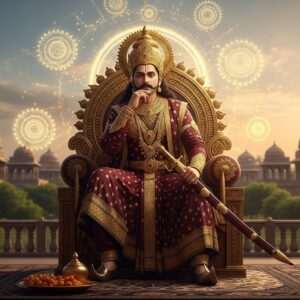A regal Indian king, King Yayati, adorned in intricately designed royal attire with gold and maroon hues, sits on an ornate throne embellished with intricate patterns and lotus motifs. He holds a traditional Indian sword in one hand, symbolizing power, while the other hand rests contemplatively on his chin, reflecting wisdom. Around him, a surreal blend of golden mandalas and ethereal lights swirl, creating an aura of spirituality and destiny. The background features a serene landscape of ancient palaces and lush greenery, with soft, pastel-colored skies. The scene captures a moment of introspection, emphasizing themes of sacrifice and karma. The art style merges traditional Indian elements with modern digital aesthetics, creating a captivating and timeless visual narrative.