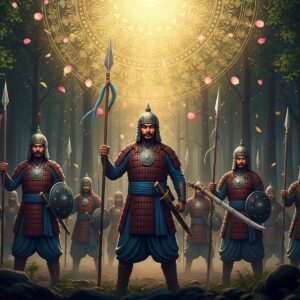 An epic scene depicting a group of fierce Ahom warriors in traditional Assamese armor, standing resolute against a backdrop of a lush, dense forest. The warriors, with determined expressions, are holding traditional weapons like spears and swords. In the sky above, a glowing, ethereal mandala with subtle patterns of traditional Assamese motifs and lotus petals creates an aura of strength and spirituality. The lighting casts a warm, golden hue over the scene, highlighting the vibrant colors of the warriors' attire—deep maroon and peacock blue. The atmosphere is both historic and surreal, capturing the essence of the Ahom's resilience and indomitable spirit. The image seamlessly blends traditional elements with modern digital art aesthetics, evoking a sense of awe and inspiration.