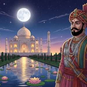 Under a starry, ethereal night sky, Mahadji Shinde stands in a regal posture, dressed in an elaborate Maratha warrior attire with intricate embroidery, against the majestic backdrop of the Taj Mahal. The Taj Mahal is illuminated by soft, warm golden lights that reflect on the serene waters of the Yamuna River, creating a surreal and tranquil ambiance. The scene is adorned with stylized lotus flowers gently floating on the river, and the surrounding gardens are lush with deep green foliage. Mahadji Shinde's expression is contemplative and noble, his silhouette highlighted by the glowing, pastel hues of the moonlit landscape. The art style blends traditional Indian motifs with modern digital aesthetics, capturing a sense of historical grandeur and mystery.