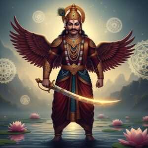 An imposing figure of Bappa Rawal, the legendary warrior king, stands tall in an ethereal landscape. His regal, traditional Indian attire is intricately detailed with motifs inspired by Madhubani and Pattachitra art, featuring deep maroon and peacock blue hues. Bappa Rawal's commanding presence is accentuated by his majestic crown and the ornate sword held firmly in his hand, its blade gleaming under a soft, golden light. The background is a blend of surreal and spiritual elements: glowing mandalas and serene lotus flowers floating on a calm water surface. The atmosphere is tranquil yet powerful, with a dreamlike quality that captures the essence of valor and spirituality. The scene is hyperrealistic, merging traditional and modern digital aesthetics to captivate the viewer's imagination.