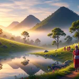 A serene, ethereal landscape of the Khasi Hills at dawn, shrouded in a gentle mist with the first light of the sun casting a warm, golden glow over the rolling hills. The scene features lush greenery interspersed with vibrant wildflowers and ancient, towering trees. In the foreground, a tranquil, reflective water surface mirrors the majestic hills, adding to the spiritual ambiance. Soft pastel hues of pink, blue, and gold dominate the sky. In the distance, a group of indigenous Khasi people dressed in traditional attire can be seen walking along a sacred path, their presence adding a sense of spirituality and reverence to the landscape. The overall atmosphere is one of peace, harmony, and connection with nature, capturing the essence of a spiritual journey through this mystical region. The art style is hyperrealistic with a touch of surrealism, focusing on tranquility and mindfulness.