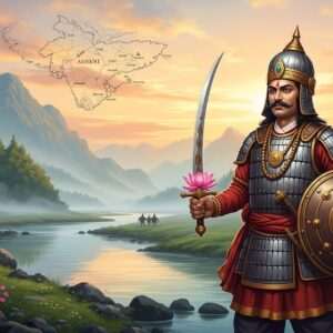 In a lush, verdant landscape reminiscent of the Brahmaputra Valley, an intricately detailed Ahom warrior stands proud, clad in traditional armor with ornate patterns reflecting the rich cultural heritage. The warrior holds a sword in one hand, its hilt adorned with intricate Assamese motifs, while the other hand gently holds a lotus, symbolizing peace and resilience. The background features a serene river flowing through the valley, surrounded by dense forests, with mist rising gently in the early morning light. Above, a softly glowing sky transitions from dawn to daylight, casting a warm, ethereal glow over the scene. A stylized map of ancient Assam appears subtly in the sky, signifying the journey from homeland to new lands. The art style is hyperrealistic with surreal elements, blending traditional Assamese art forms with modern digital aesthetics.