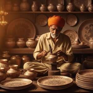 A serene, hyperrealistic scene featuring a traditional Indian artisan, a Thathera, skillfully crafting brass and copper utensils in a workshop filled with warm, golden light. The artisan, an elderly Indian man with wise eyes and a serene expression, is surrounded by intricately designed brass and copper pots, plates, and vessels, each adorned with delicate patterns reminiscent of Madhubani art. Soft pastel colors of pale pink and warm gold highlight the intricate designs on the utensils. The background is adorned with soft glowing mandalas and lotus motifs, adding a spiritual aura to the scene. The overall composition emphasizes tranquility and the rich heritage of Thathera craftsmanship, inviting viewers to delve deeper into the cultural significance of these beautiful traditional utensils.