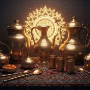 A serene, hyperrealistic scene showcasing a collection of traditional Thathera utensils crafted from brass and copper. The utensils are displayed elegantly on a richly detailed Indian fabric with intricate patterns, surrounded by soft, ethereal lighting that casts a warm glow, highlighting their lustrous surfaces. In the background, a large, glowing mandala subtly reflects on the polished metal, infusing the image with a sense of cultural heritage and spiritual elegance. The colors are deep and rich, featuring hues of gold, maroon, and peacock blue. The overall aesthetic is a blend of traditional craftsmanship with modern digital art elements, inviting viewers to explore the timeless beauty and cultural significance of these heritage pieces.