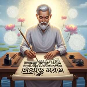 A serene and ethereal scene depicting a traditional Indian calligrapher in a tranquil setting. The calligrapher, an Indian man dressed in a simple yet elegant kurta, is surrounded by softly glowing mandalas and lotus flowers. He is seated at a wooden desk, illuminated by warm, golden light, with an open scroll in front of him displaying intricate Bengali script transitioning into English letters. The background features a calm water surface with pastel hues of soft blue and pale pink, reflecting the harmony between the two languages. The overall tone is tranquil and peaceful, emphasizing the bridging of cultures through language. The art style merges traditional Indian aesthetics with modern digital elements, creating a spiritual and harmonious visual experience.