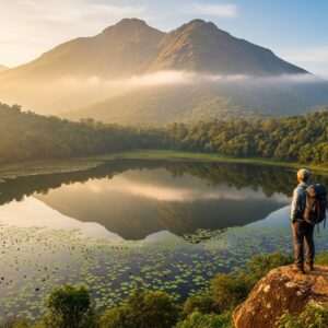 An awe-inspiring view of Banasura Hill, shrouded in early morning mist, with the first rays of sunrise casting a warm golden glow over the lush greenery. In the foreground, a serene and reflective water surface mirrors the majestic hill, dotted with blooming lotus flowers. A lone trekker, dressed in modern trekking gear, stands at the edge of a cliff, gazing thoughtfully at the expansive landscape below. The scene is imbued with a sense of tranquility and adventure, featuring rich hues of green and gold, with intricate patterns inspired by traditional Indian art subtly integrated into the natural elements. The overall atmosphere is peaceful yet invigorating, inviting viewers to imagine their own journey to this mystical place.