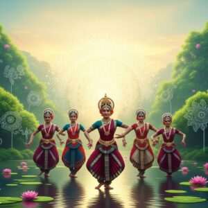 A hyperrealistic and ethereal depiction of Tulu Nadu, capturing its rich cultural essence and modern vitality. The scene features lush green landscapes with intricate patterns inspired by traditional Indian art, such as Madhubani and Pattachitra. In the foreground, traditional Tulu Nadu dancers in vibrant attire (deep maroon, peacock blue, and saffron) gracefully perform against a serene backdrop of a glowing mandala and calm water surfaces reflecting soft, pastel hues of dawn. The dancers are adorned with exquisite gold jewelry, embodying the heritage of the region. Surrounding them are elements like stylized lotus flowers and cultural motifs, blending seamlessly with a digital aesthetic. The lighting is soft and warm, creating a tranquil, harmonious atmosphere that invites viewers to explore the legacy and traditions of Tulu Nadu.