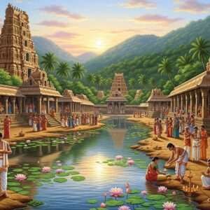 A serene, ethereal depiction of Tulu Nadu's sacred landscape, featuring a vibrant and lush terrain adorned with traditional Indian architectural elements like intricately carved temple towers and ancient shrines. In the foreground, a tranquil river glistens under the soft glow of a pastel-colored sunset, with lotuses gently floating on the water surface. The scene is animated by the presence of elegantly dressed Indian devotees, clothed in rich, deep-colored traditional attire, who are engaged in peaceful rituals. The background showcases verdant hills and coconut trees swaying gently, infused with a surreal, dreamlike atmosphere. The lighting is warm and glowing, casting a golden hue over the scene, enhancing the spiritual and cultural essence. The art style blends Madhubani and Pattachitra with modern digital aesthetics, ensuring a harmonious balance of heritage and innovation.