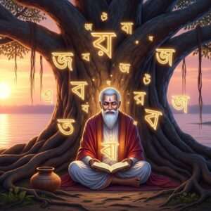 A serene scene of an ancient Indian scholar sitting cross-legged under a grand, ancient banyan tree with sprawling roots. The scholar is depicted as a wise, elderly Bengali man with a gentle smile, wearing a traditional dhoti and shawl in rich maroon and gold hues. Surrounding him are glowing, ethereal representations of Bengali letters, softly floating in the air like mystical symbols. The letters emit a warm, golden glow, creating an aura of wisdom and learning. In the background, a tranquil river reflects the soft pastel colors of a setting sun, casting a peaceful and inspiring atmosphere. The art style should be hyperrealistic with an ethereal touch, combining traditional motifs with modern digital aesthetics to captivate and draw the viewer into the world of the Bengali alphabet.