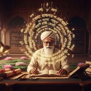 An ethereal scene depicting a wise, elderly Bengali scholar in traditional attire, seated at an ornate wooden desk filled with ancient scrolls and parchment. The scholar is surrounded by an aura of soft, glowing light, creating an atmosphere of deep wisdom and knowledge. Intricate Bengali scripts and matras float around him, forming a luminous halo. The background features an elegant blend of traditional Bengali architecture and modern design elements, with vibrant colors like deep maroon, gold, and peacock blue. A serene lotus pond with floating petals adds to the tranquil ambiance. The overall image should be hyperrealistic with a touch of surrealism, emphasizing the harmonious blend of tradition and modernity.