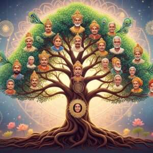 A beautifully detailed illustration of an expansive, ancient banyan tree with its roots and branches gracefully intertwining to form a complex, intricate network. Each branch subtly transforms into the face of a family member from Upendrakishore Ray Chowdhury's lineage, showcasing a tapestry of Indian cultural heritage. The scene is adorned with vibrant colors, rich gold, saffron, and peacock blue, creating a mesmerizing, dreamlike atmosphere. Soft, ethereal lighting casts a gentle glow over the entire scene, with delicate lotus flowers and mandalas subtly integrated into the background to emphasize the cultural significance. The art style is a harmonious blend of traditional Indian art forms and modern digital aesthetics, capturing both the grandeur and intimacy of this illustrious family tree.