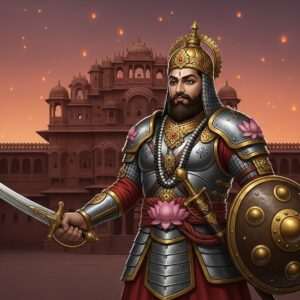 An imposing figure of Bappa Rawal, the legendary 8th-century king, standing tall and regal in traditional warrior attire, his armor intricately decorated with motifs of lotus flowers and mandalas, symbolizing strength and spirituality. His expression is serene yet commanding, exuding leadership and valor. In one hand, he holds a gleaming sword with intricate patterns, while the other hand rests on a shield adorned with spiritual symbols. Behind him, a grand palace of Rajasthan rises, its architecture beautifully blending traditional Indian design with modern digital aesthetics. The sky is painted in deep maroon and peacock blue hues with soft, ethereal glowing lights casting a surreal, harmonious ambiance. The foreground features stylized elements like calm water surfaces reflecting the golden hues of the scene, creating a balance of heritage and innovation in a hyper-realistic, serene art style.