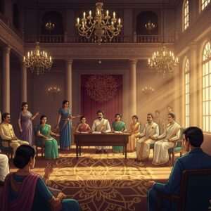 A vibrant, digital art depiction of a historical gathering in colonial India, featuring prominent Indian figures dressed in traditional attire with a modern twist. The scene is set in a grand colonial hall with intricate architectural details reminiscent of the Madras Presidency era. The individuals are engaged in animated discussions, symbolizing the exchange of ideas and shaping of a generation. Soft, glowing lights illuminate the room, creating an ethereal atmosphere, while traditional Indian motifs like mandalas and lotus patterns subtly blend with the decor. The color palette includes rich golds, maroons, and peacock blues, emphasizing the heritage and significance of the moment. The overall composition is serene and surreal, capturing the essence of cultural legacy and intellectual evolution.
